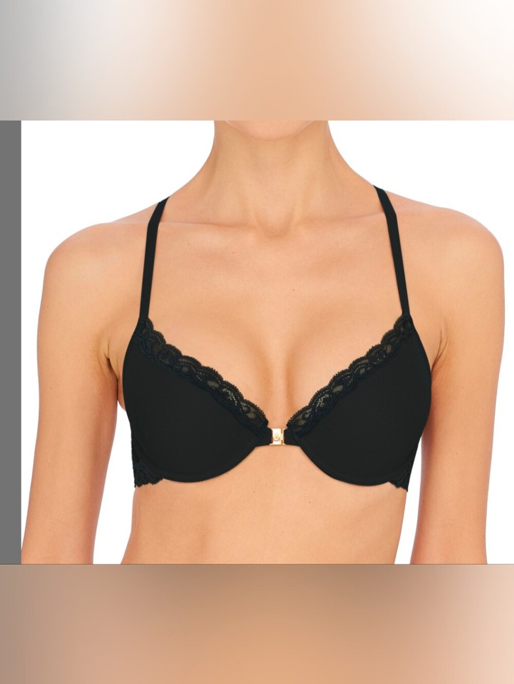 Natori Feathers Black Lace Trim Front-Close Racerback T-Shirt Bra US 36C